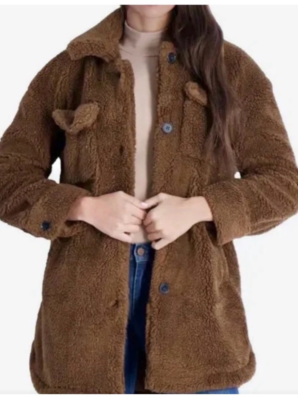 🆕LUCKY BRAND Pecan Shearling Faux Fur Fuzzy🐻 Oversize Shacket Coat Jacket Med